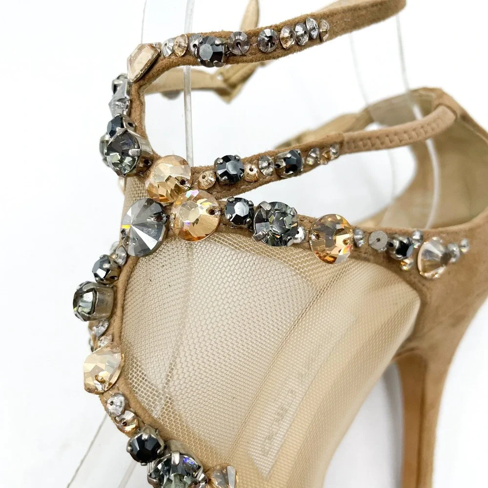 Jimmy Choo Viola Crystal‎ Sandals Tan Suede Strappy Heels Sz 37.5 / 7.5 US